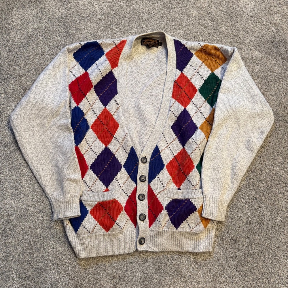 Vintage Eddie Bauer Argyle Cardigan Sweater Mens Large Gray Multi 100% Cotton